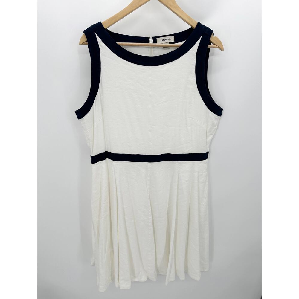 Lands' End Dress Women 14 White Blue Linen Blend Sleeveless Knee Length Back Zip